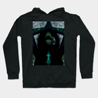 Portrait, digital collage, special processing. Beautiful but dark, like witch, woman. Tale. Aquamarine. Hoodie